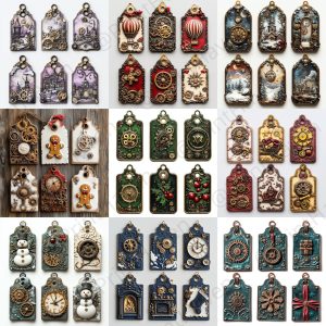 steampunk Christmas tags featuring brass gears, vintage accents, and a holiday color palette