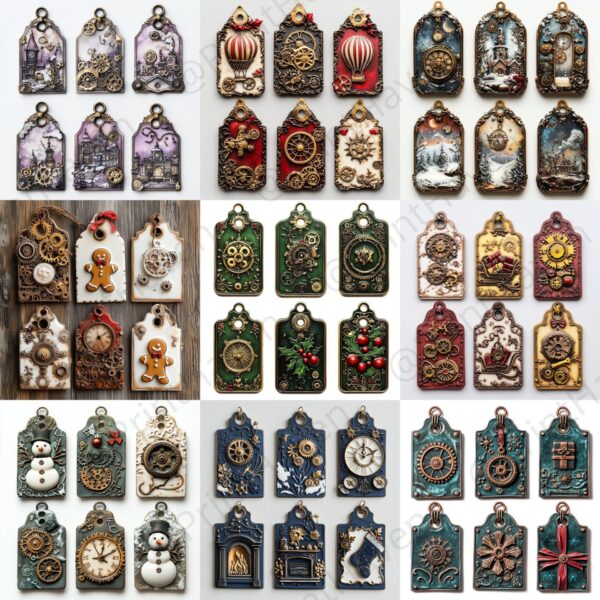 steampunk Christmas tags featuring brass gears, vintage accents, and a holiday color palette