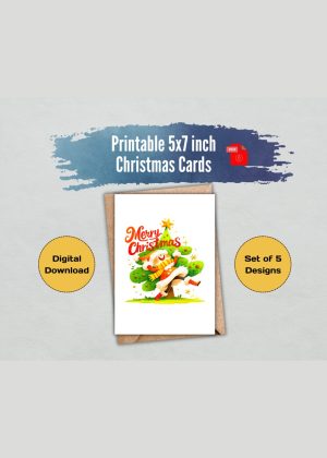 Whimsical Christmas Cards Digital Download - Set of 5 Cards with Merry Christmas Text, 5x7 Printable PDF, US Letter, Holiday Greeting Cards
