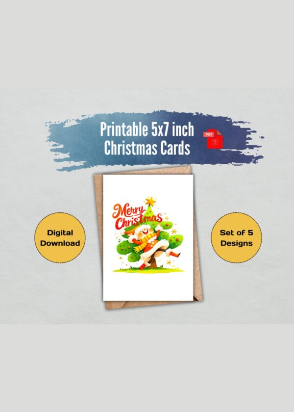 Whimsical Christmas Cards Digital Download - Set of 5 Cards with Merry Christmas Text, 5x7 Printable PDF, US Letter, Holiday Greeting Cards