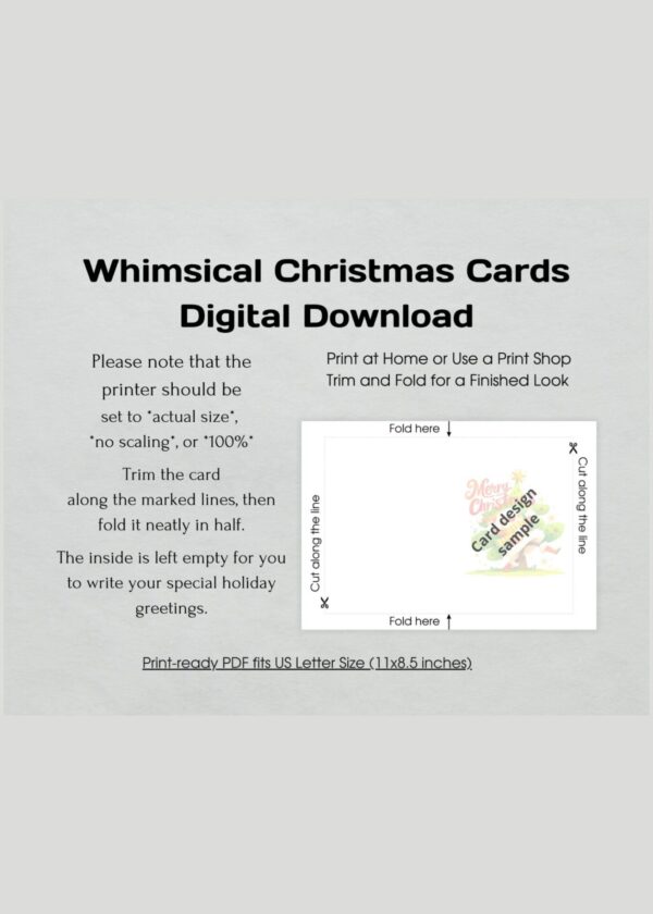 Whimsical Christmas Cards Digital Download - Set of 5 Cards with Merry Christmas Text, 5x7 Printable PDF, US Letter, Holiday Greeting Cards - Image 2