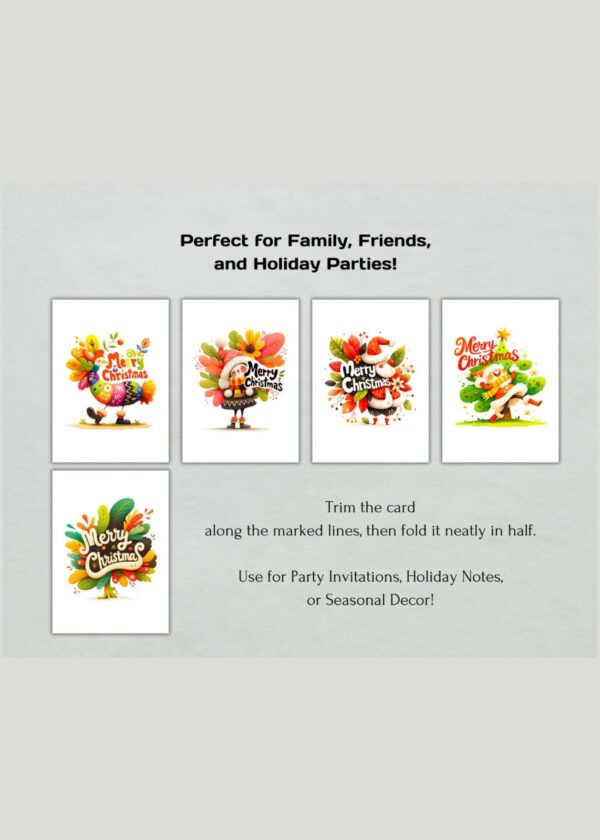 Whimsical Christmas Cards Digital Download - Set of 5 Cards with Merry Christmas Text, 5x7 Printable PDF, US Letter, Holiday Greeting Cards - Image 3