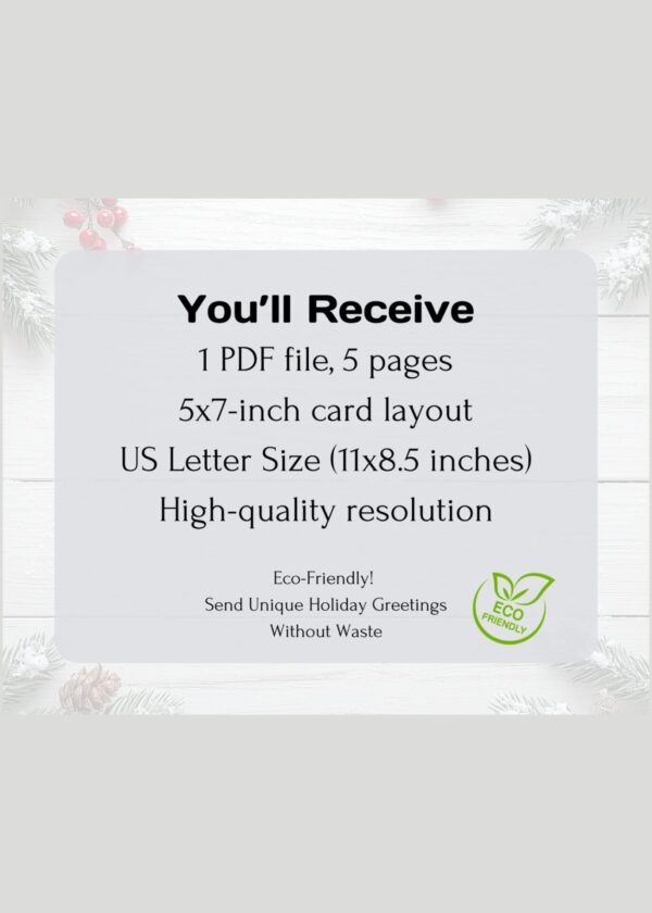 Whimsical Christmas Cards Digital Download - Set of 5 Cards with Merry Christmas Text, 5x7 Printable PDF, US Letter, Holiday Greeting Cards - Image 5