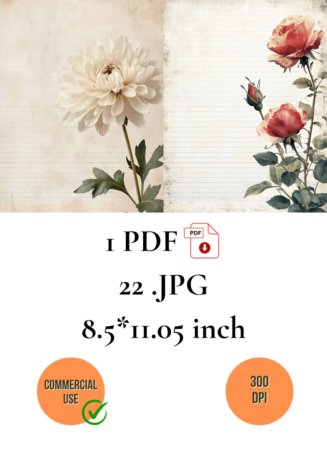 Flower Junk Journal Pages Set - 22 JPGs in 1 PDF, 8.5x11.05, 300dpi, Commercial - Image 2