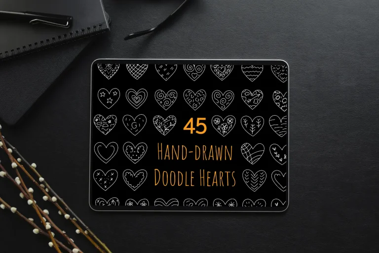 45 original hand drawn doodle hearts