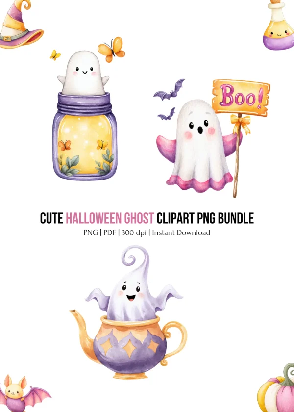 Cute Halloween Ghost Clipart PNG Bundle