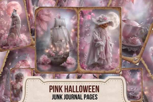 pink halloween junk journal pages