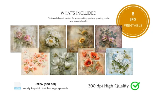 Floral Junk Journal Backgrounds Digital Scrapbook Papers