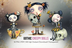 Gothic Vintage Creepy Dolls Clipart Bundle Gothic Clipart