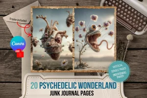 Psychedelic Wonderland Junk Journal Half Pages with Canva Template