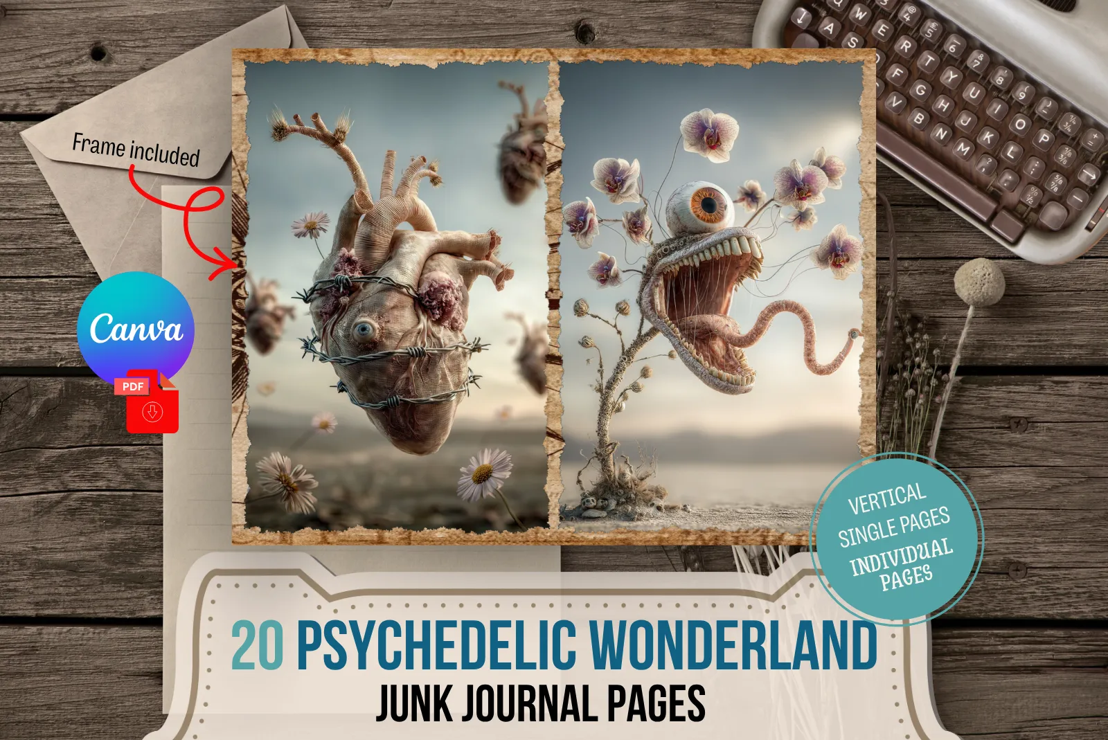 Psychedelic Wonderland Junk Journal Half Pages with Canva Template