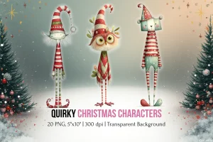 Quirky Christmas Clipart Funny Christmas Characters Watercolor PNG Digital Download