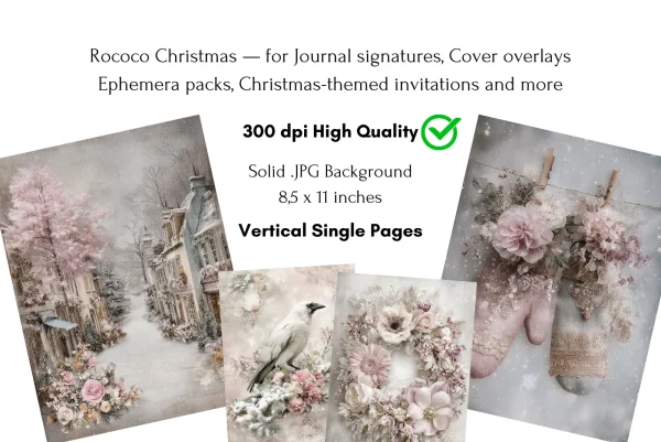 70 Winter Christmas Junk Journal Pages Rococo Xmas Printable Kit - Image 9