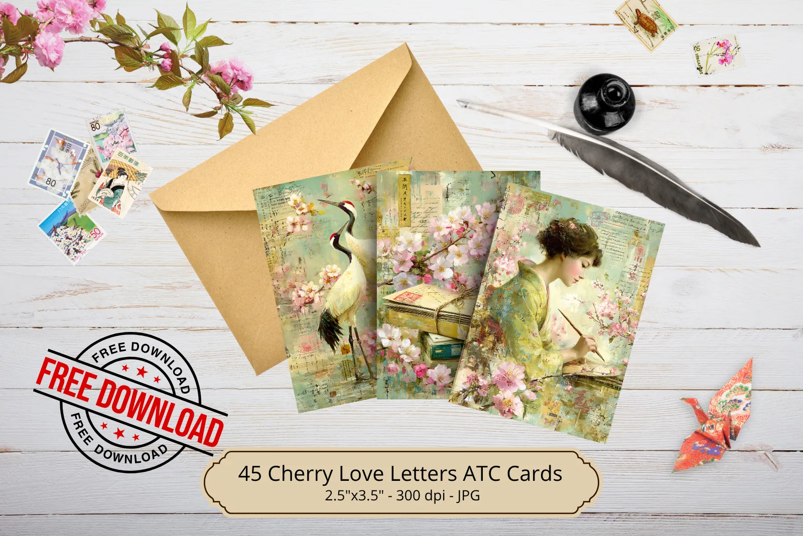Cherry Love Letters ATC Cards – Digital Art Junk Journal Ephemera